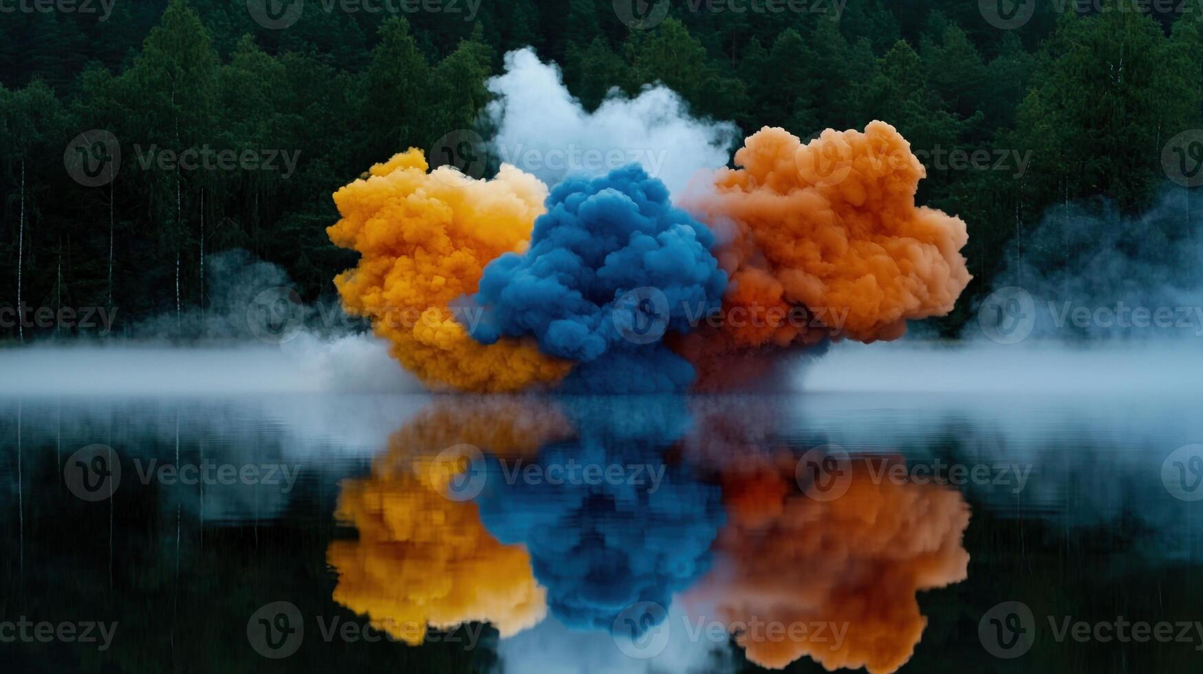 A large cloud of smoke is reflected in the water photo