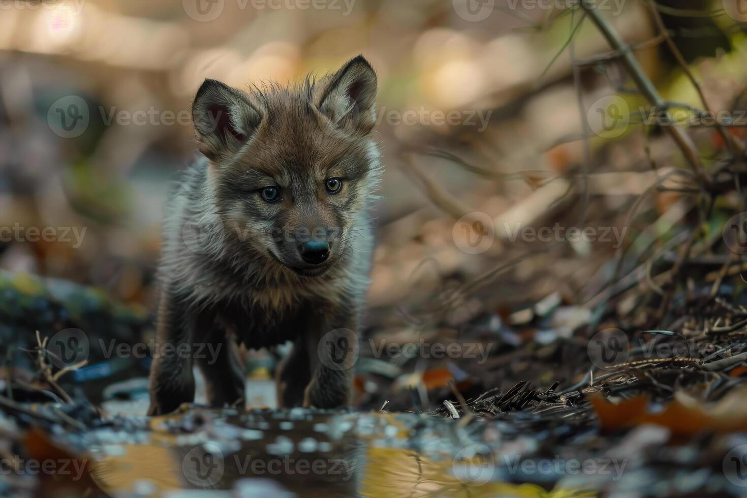 A wolf cub walking through a stream of water photo