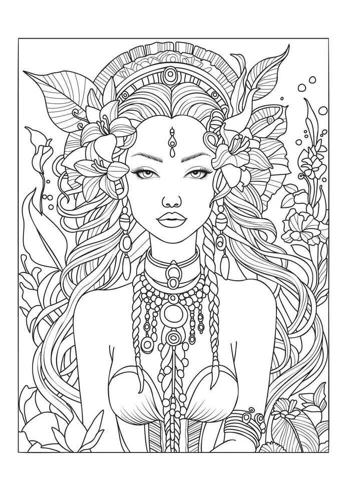 Young woman in a headdress decorated with flowers. Coloring page for children and adults. Art therapy. vector
