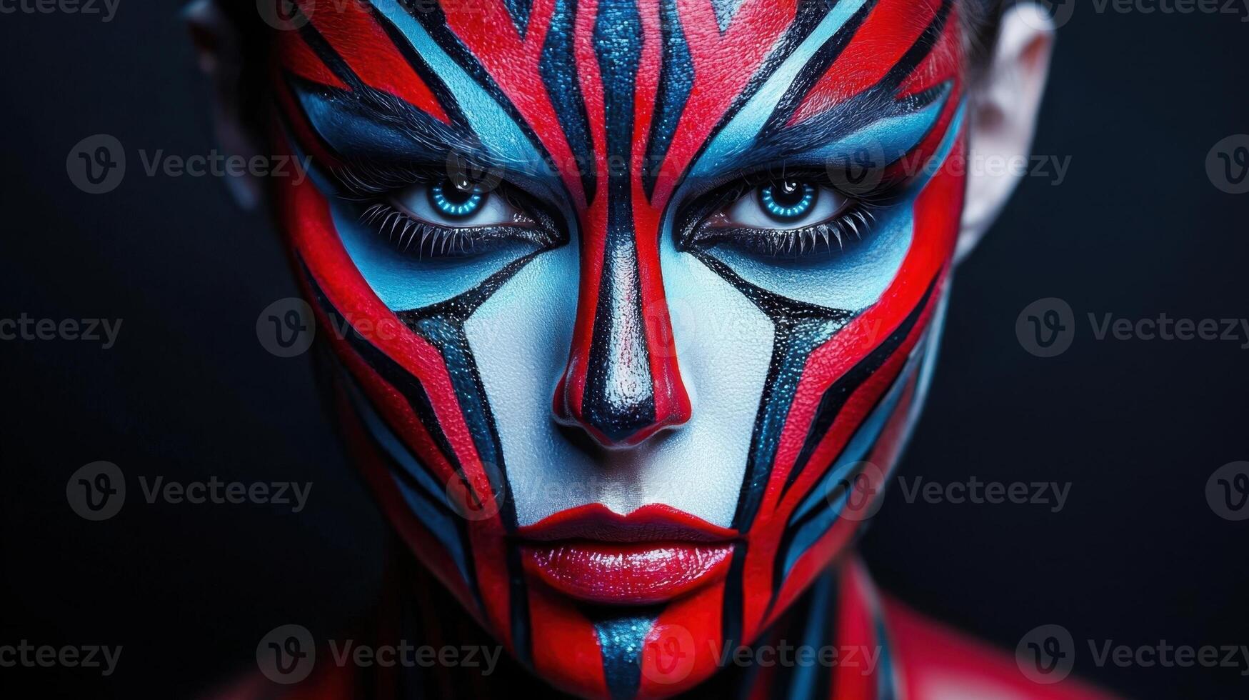 A woman with a face painted with red and blue photo