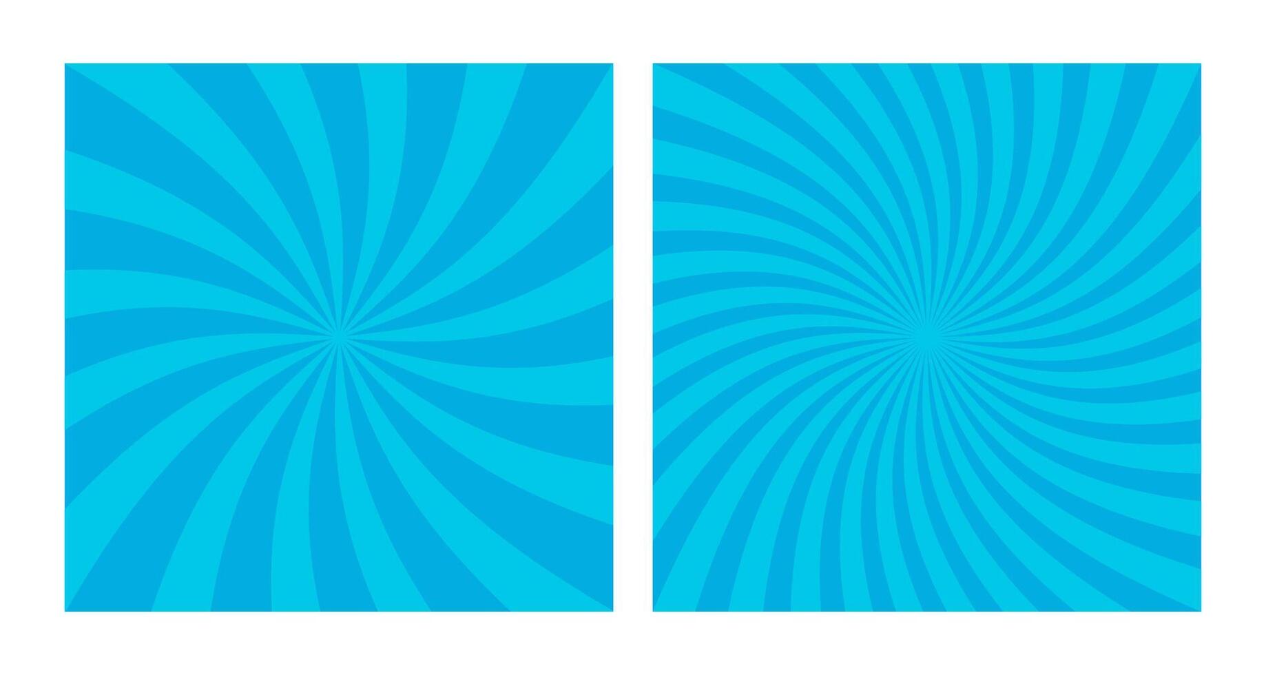 Set of abstract blue spiral sunbursts on a cyan background, two vibrant square posters. vector