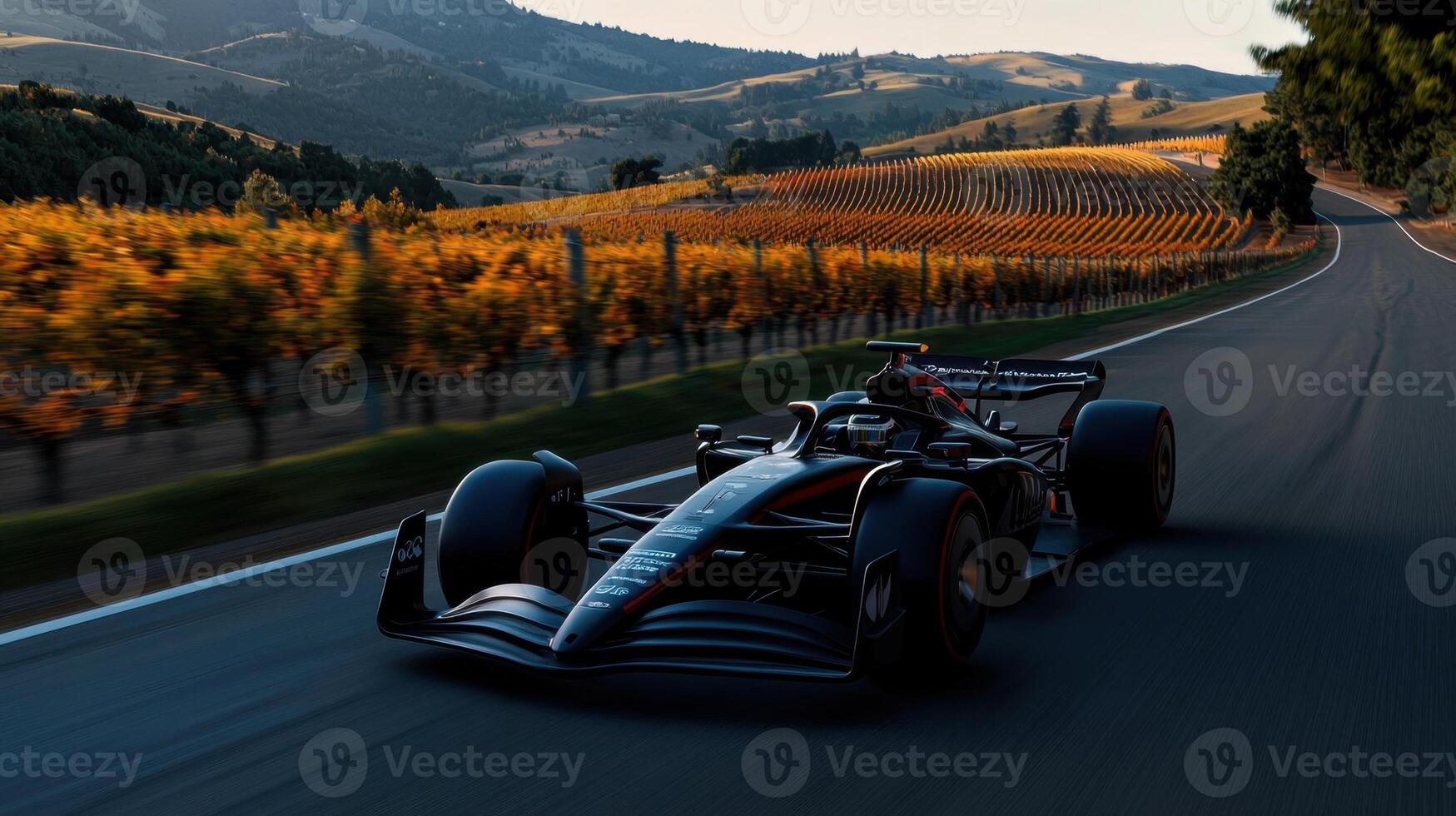 A black race car is driving down a road with a vineyard in the background photo
