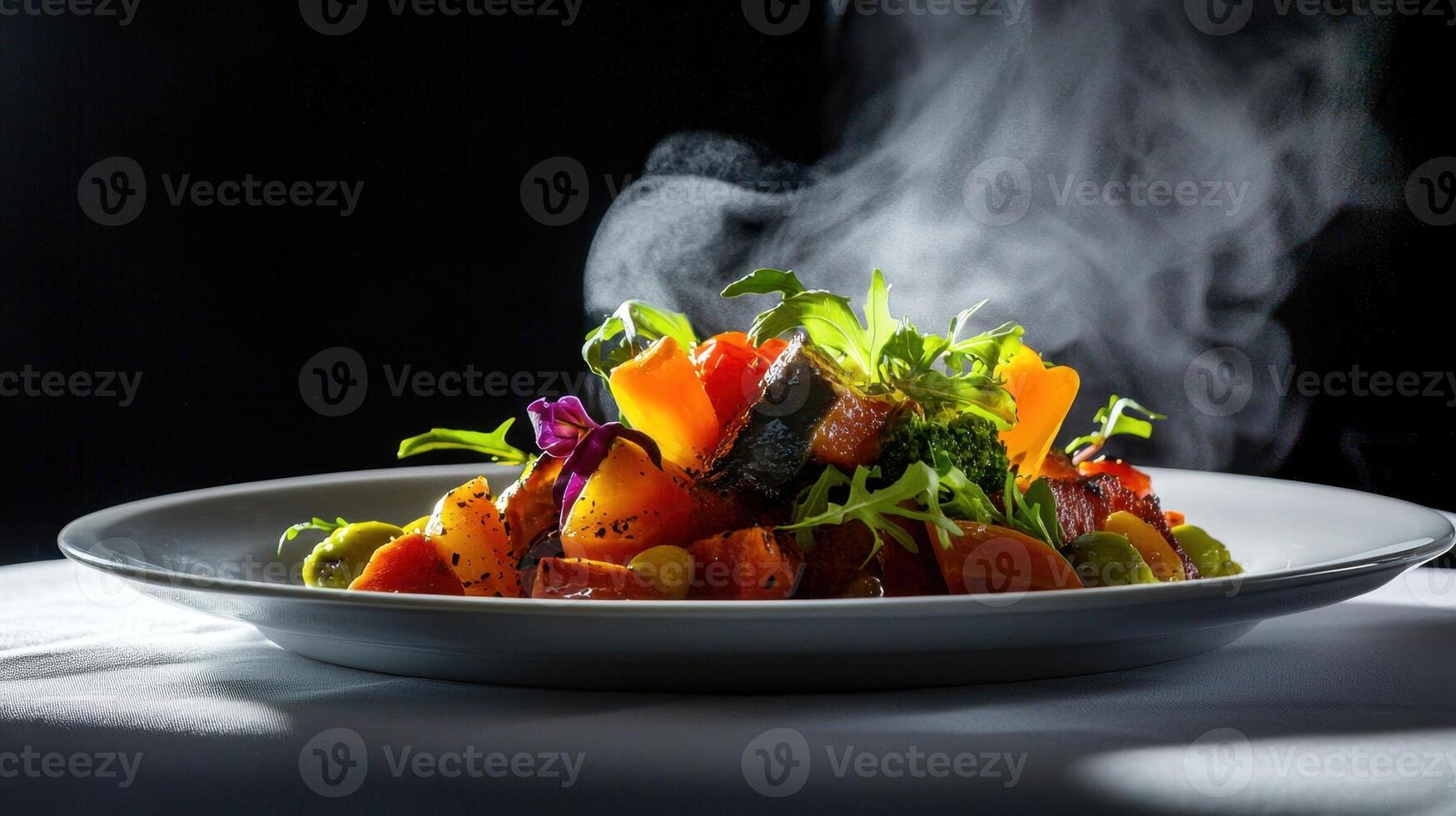 A stunning presentation of a colorful gourmet dish featuring fresh vegetables, herbs, and steam rising, highlighting the artistry of culinary design and flavor photo