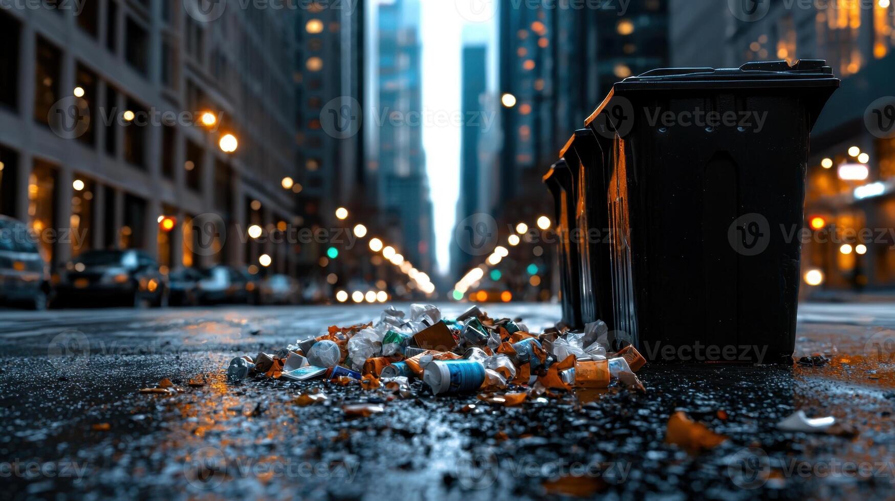 A trash can is on the street with garbage in it photo