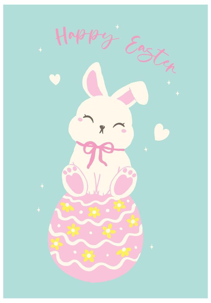 Coquette Happy Easter Bunny on Egg Whimsical Rabbit Cartoon Flat design vector