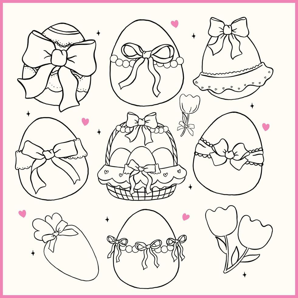 Coquette Easter egg basket with Bow, Whimsical Cartoon Hand Drawn Doodle Outline Set vector