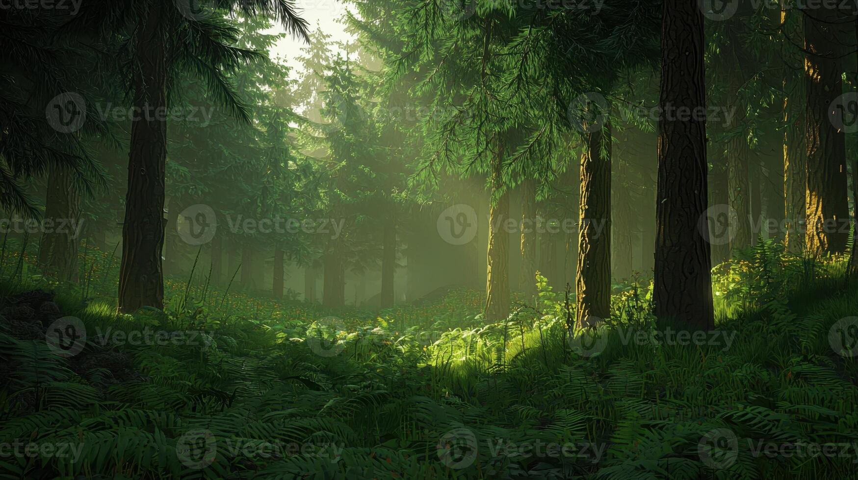 Sunlight streams through towering trees, illuminating a serene forest glade rich with vibrant ferns and moss. The atmosphere is peaceful, inviting exploration and contemplation photo