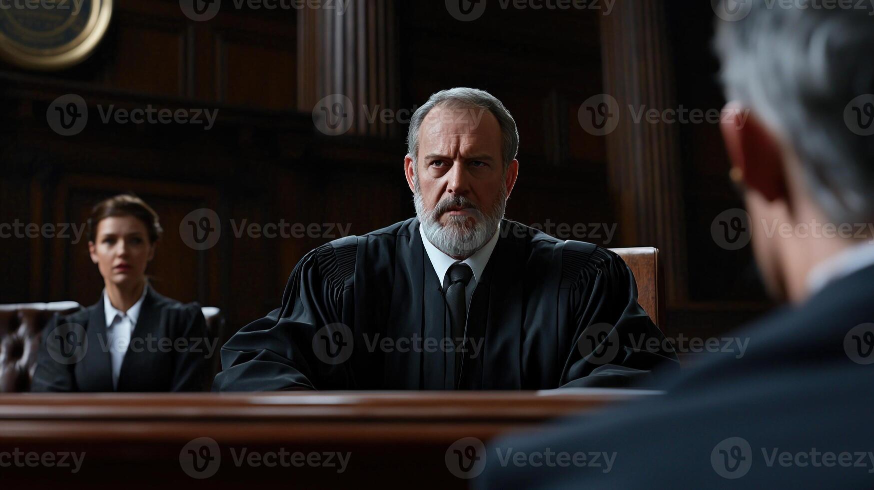 A man in a black robe sits at a bench in a courtroom photo