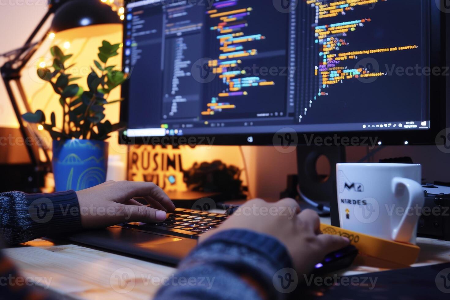 A person is working on a computer with a coffee mug in front of it photo
