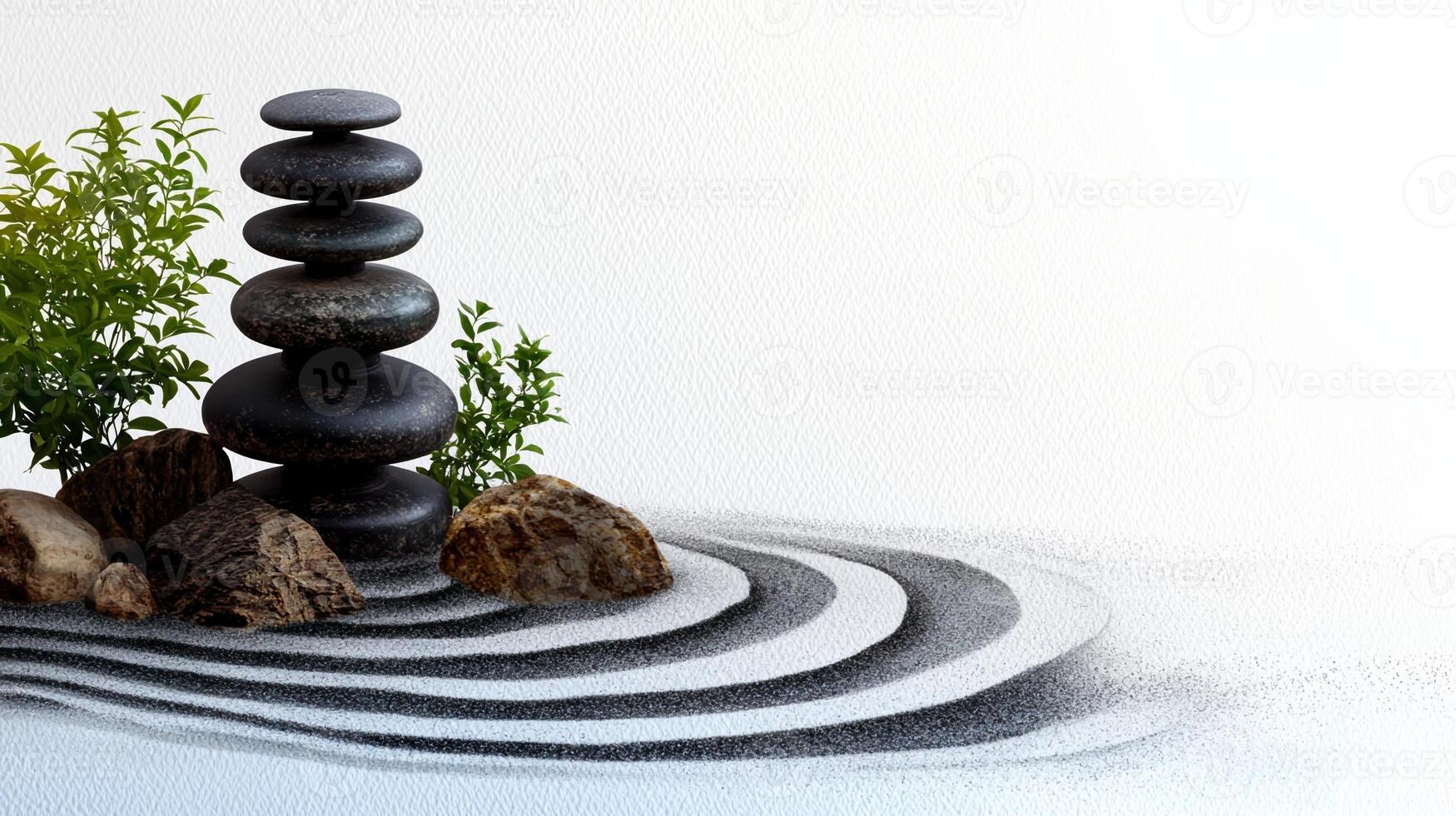 A series of black stones are arranged in a circle on a white background photo