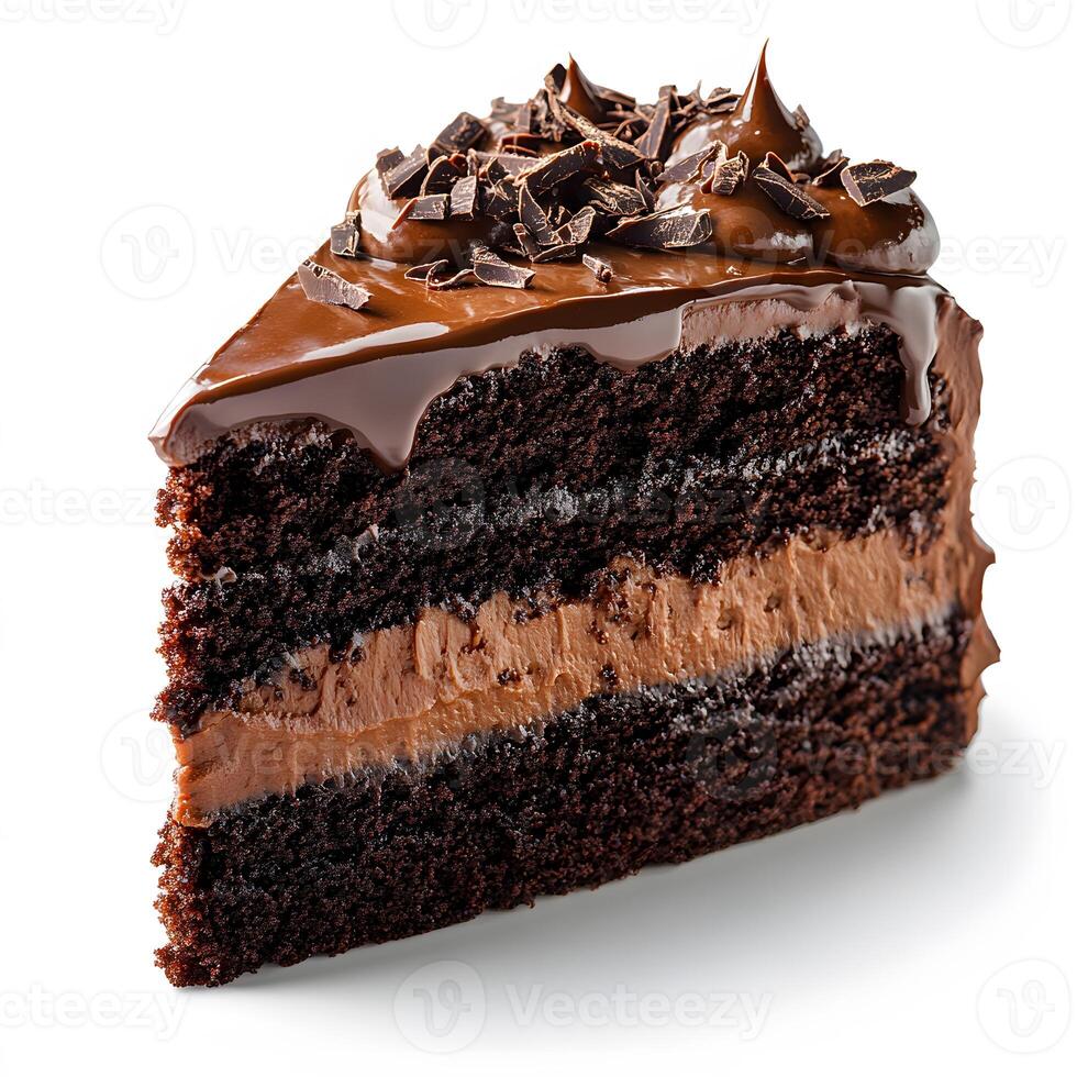 Decadent chocolate layer cake slice topped with ganache and shavings photo