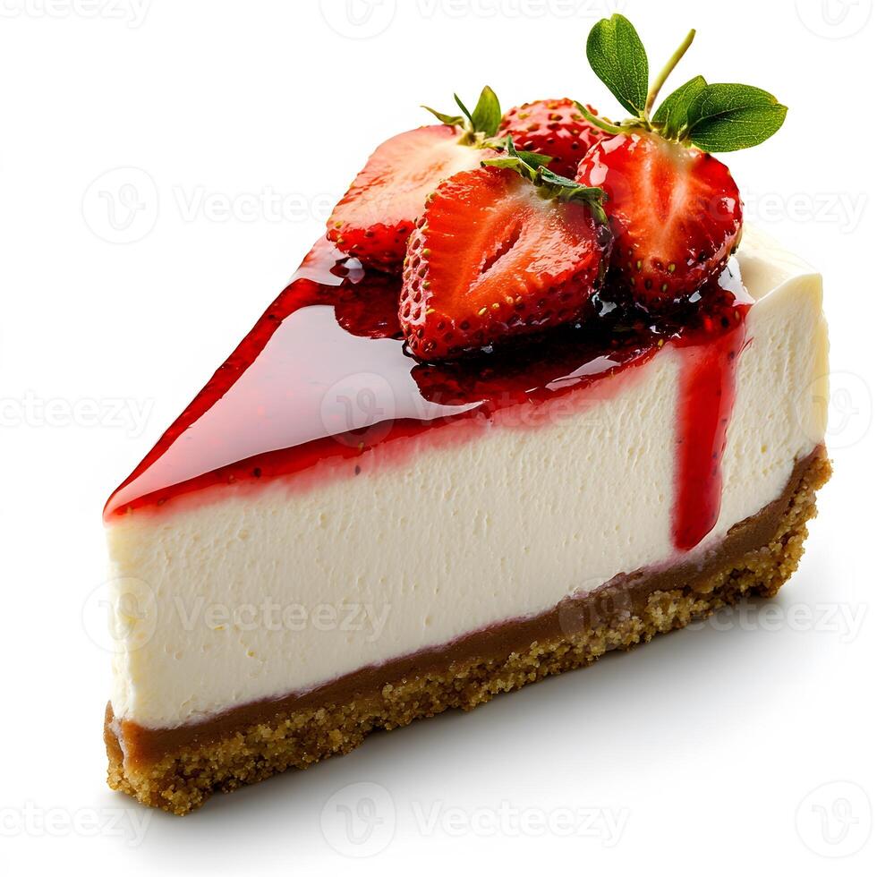 Strawberry cheesecake slice on white background for dessert concept photo