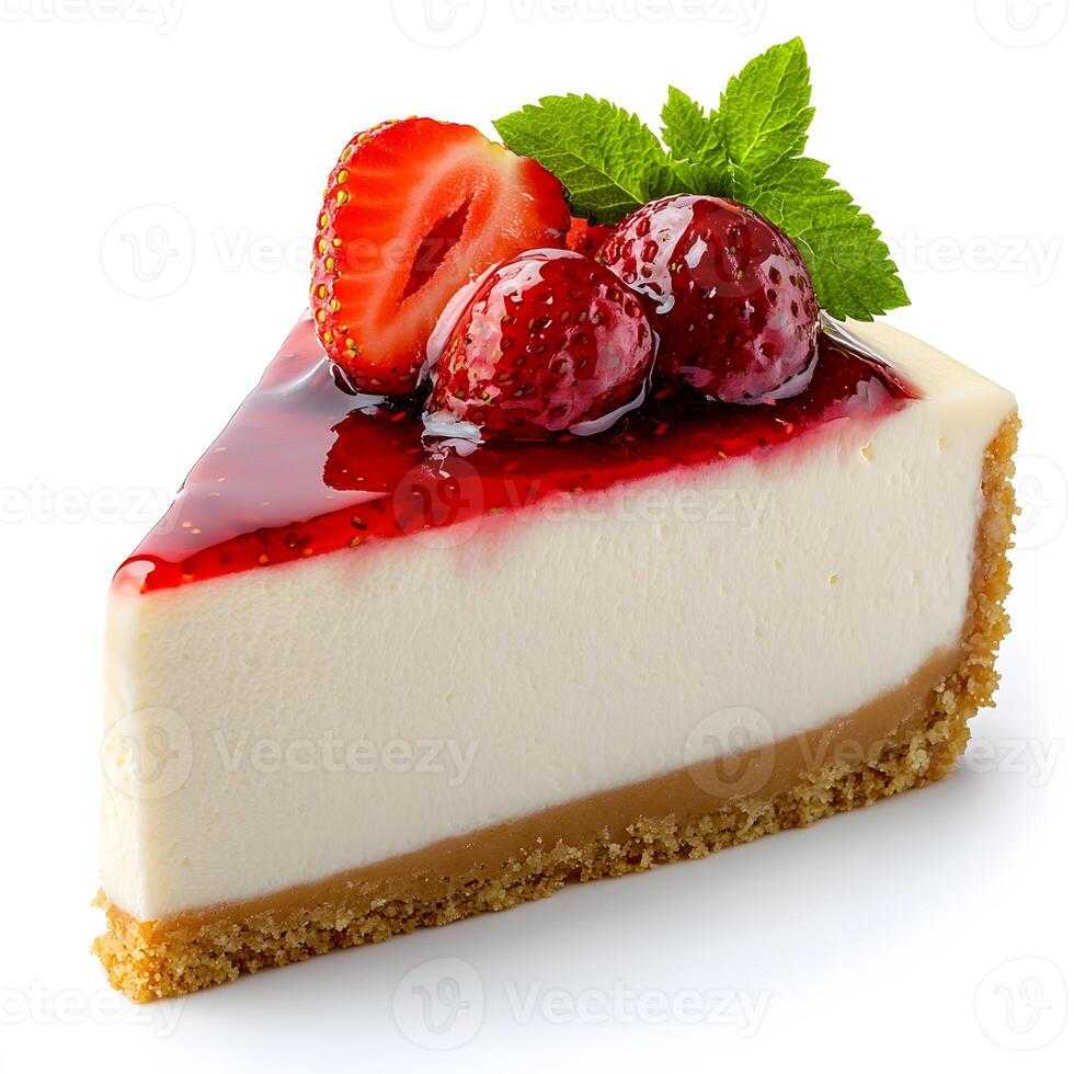 Delicious slice of strawberry cheesecake with a mint garnish on white photo