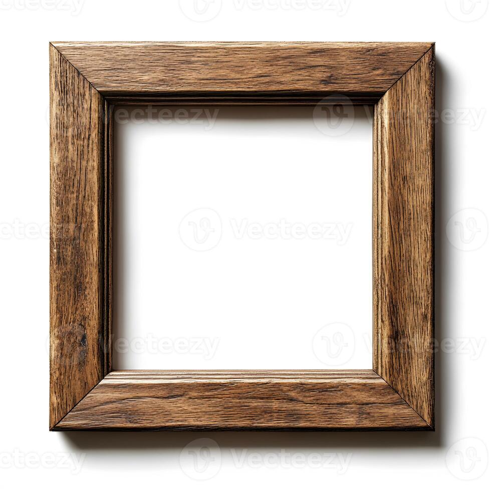 Rustic wooden picture frame with textured surface on white background photo