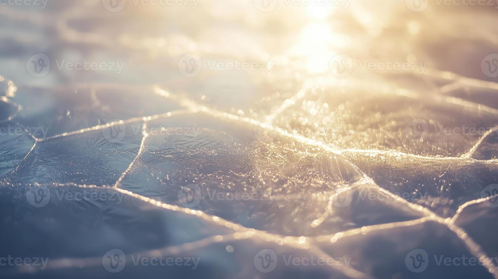 Sunlight reflects off the surface of cracked ice, revealing intricate patterns and textures. The scene evokes a calm and peaceful winter atmosphere, highlighting natures beauty photo
