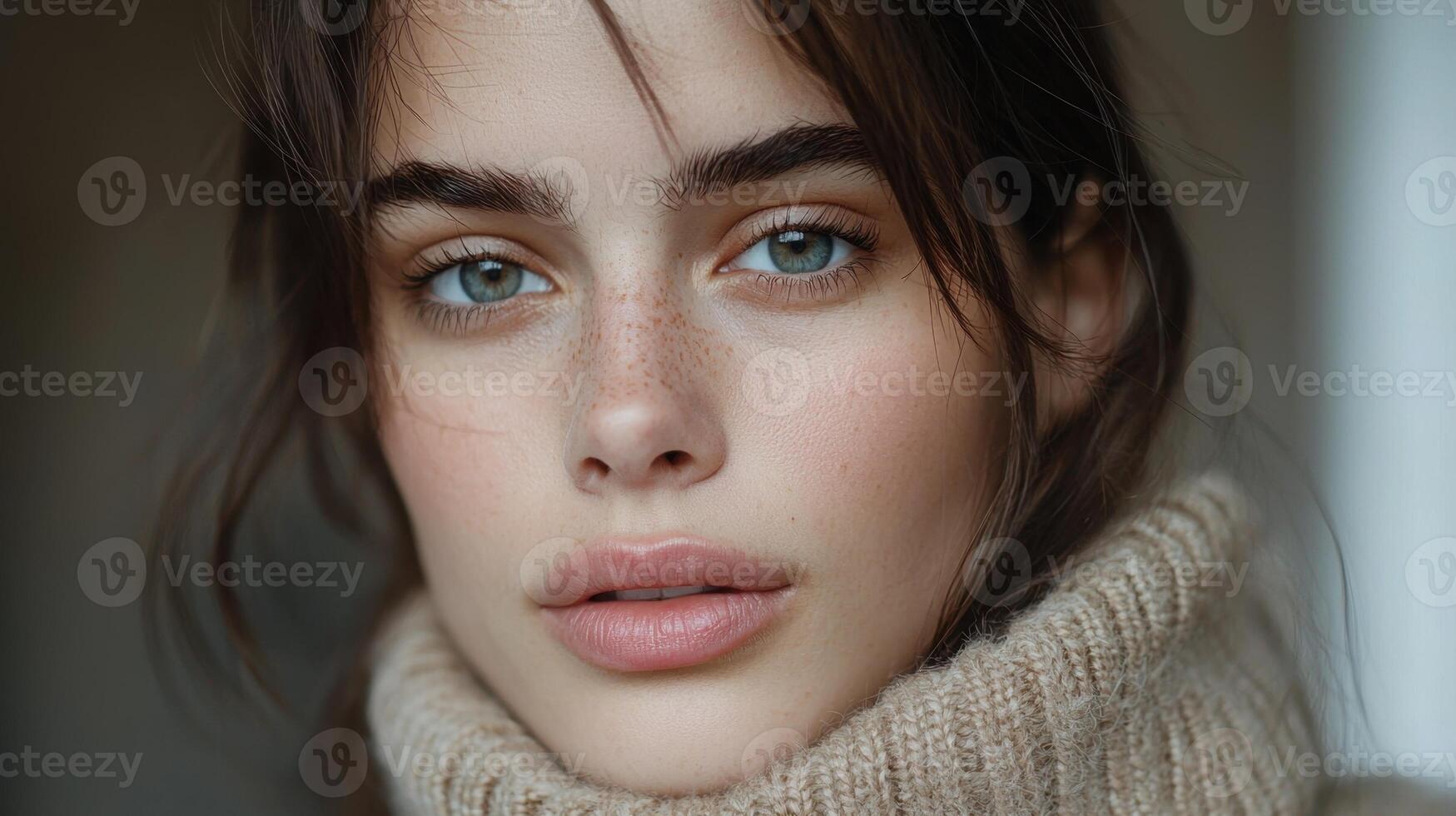 A woman with blue eyes and a red nose is wearing a brown sweater photo