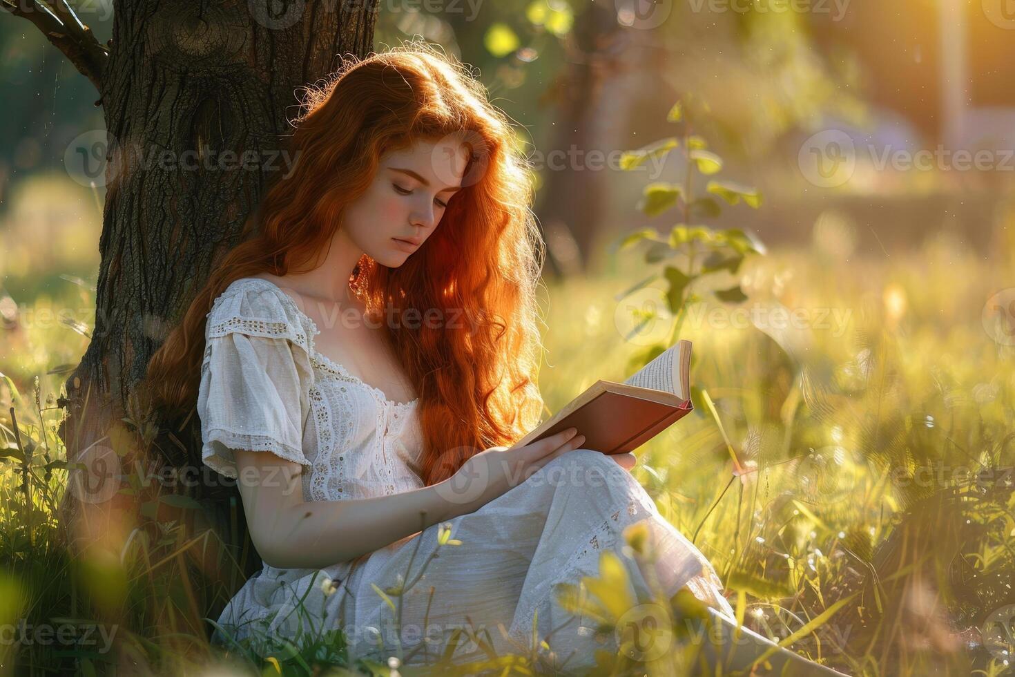 A woman with red hair sitting in the grass reading a book photo