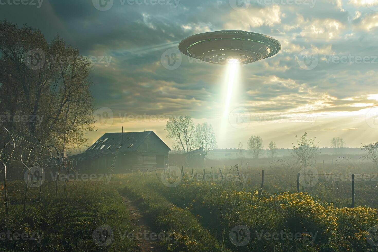 An alien spaceship flying over a farm photo