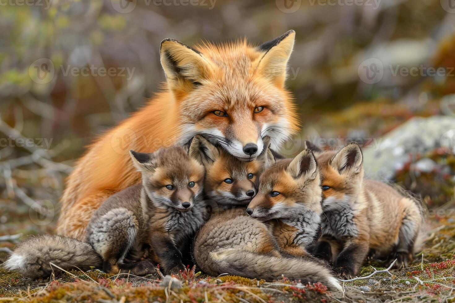 A mother fox with her young in the wild photo