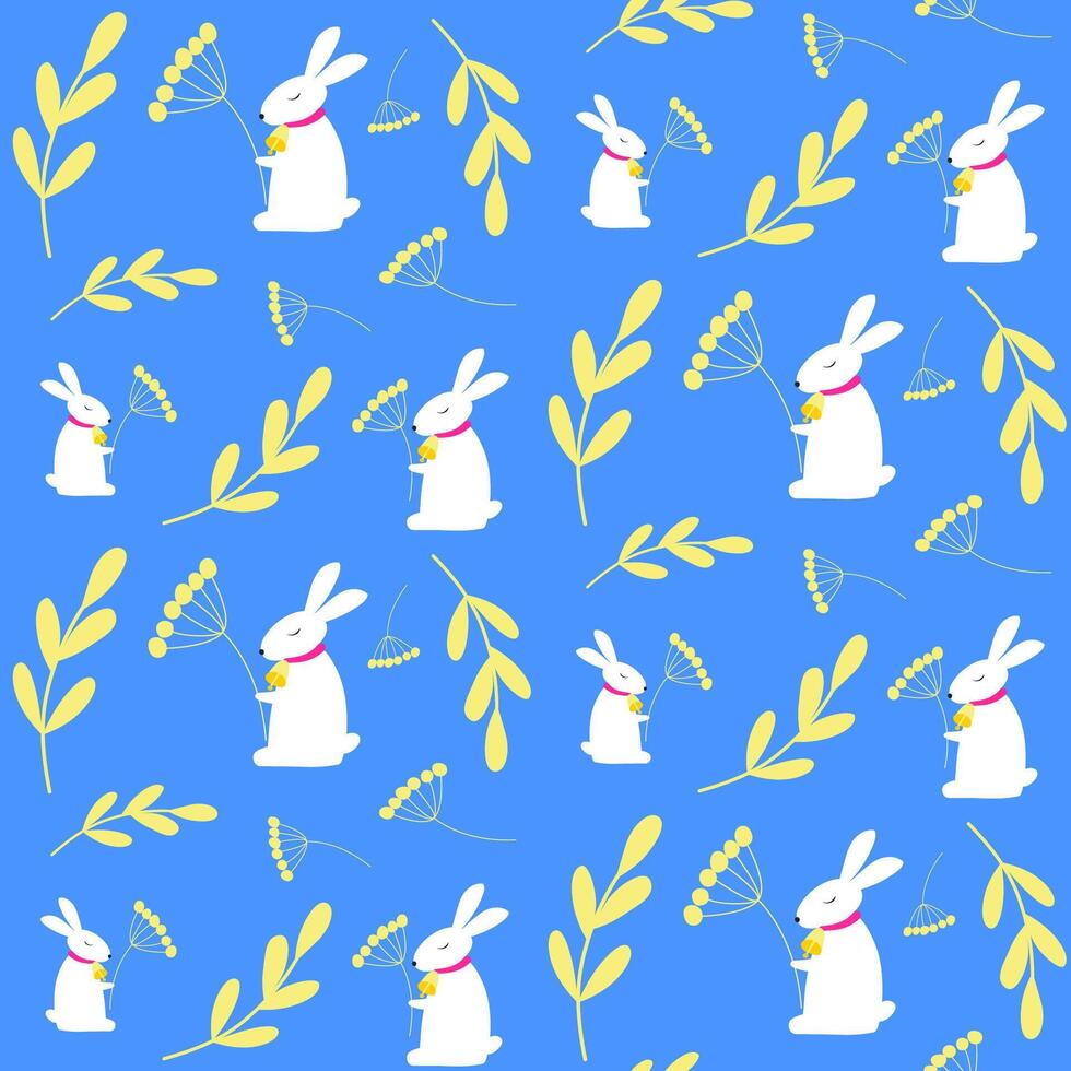 Bright spring, summer floral pattern with white rabbit or Easter bunny . Background with cute animal, small plants, flowers, berries, leaves. vector