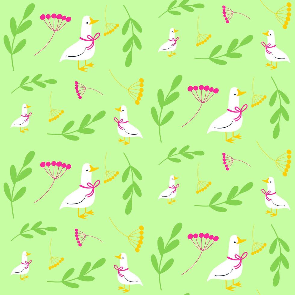 Seamless bright spring, summer or autumn floral pattern with white goose or duck bird. Background with small plants, flowers, berries, leaves. vector