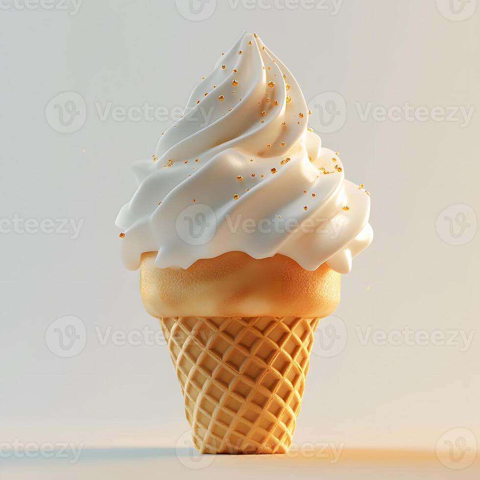 Delicious vanilla ice cream cone with golden sugar sprinkles isolated photo
