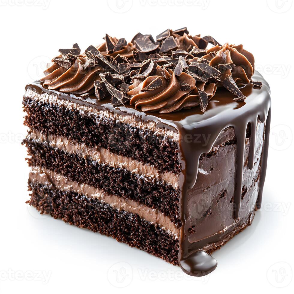 Decadent chocolate cake slice with rich frosting and chocolate shavings photo