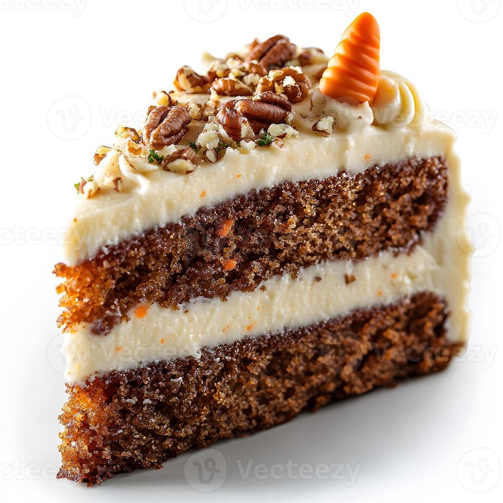 Delicious slice of carrot cake with rich cream cheese frosting and pecans photo