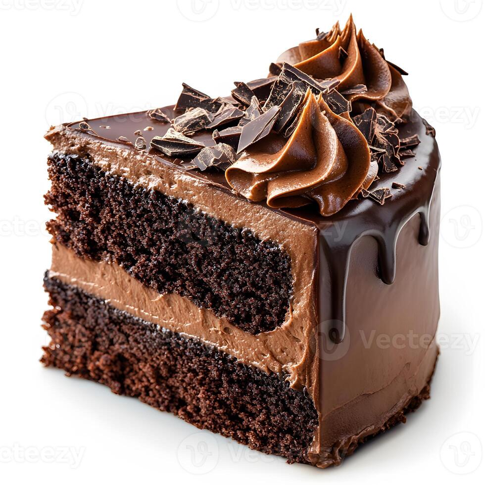 Decadent chocolate cake slice with rich frosting and shaved chocolate photo