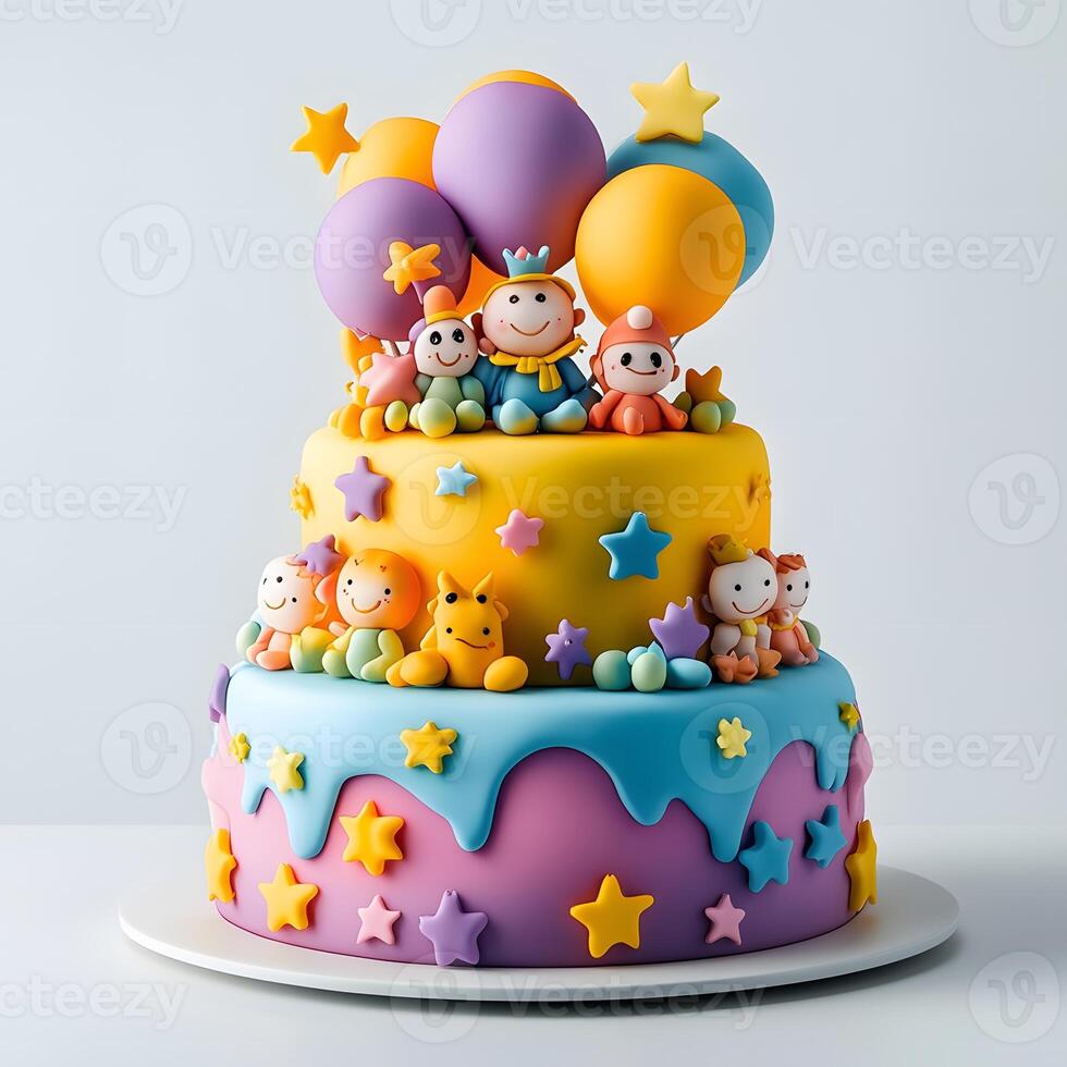 Whimsical Celebration Cake with Edible Cartoon Characters and Balloons photo