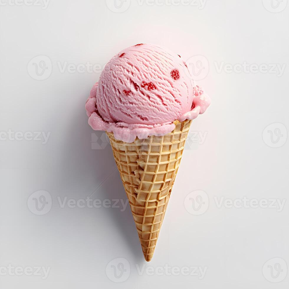 Delicious strawberry ice cream cone against a pristine white backdrop photo