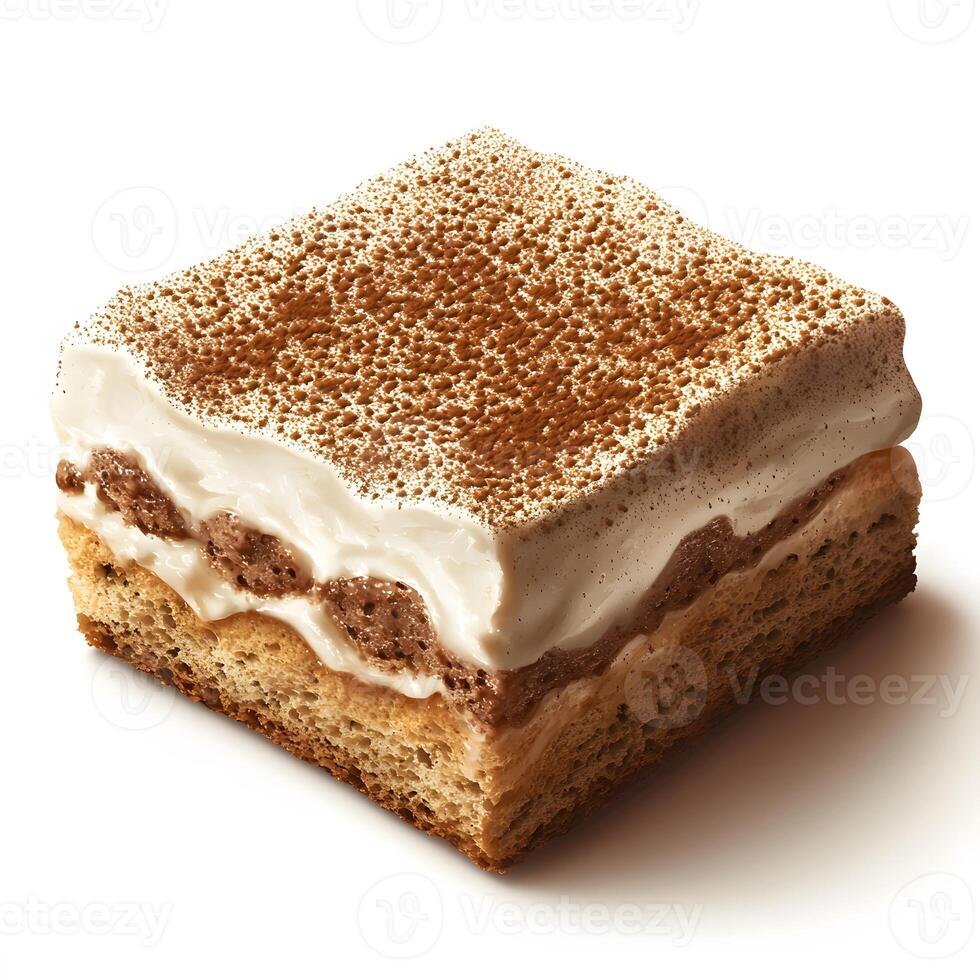 Delicious slice of tiramisu with creamy layers and cocoa powder photo