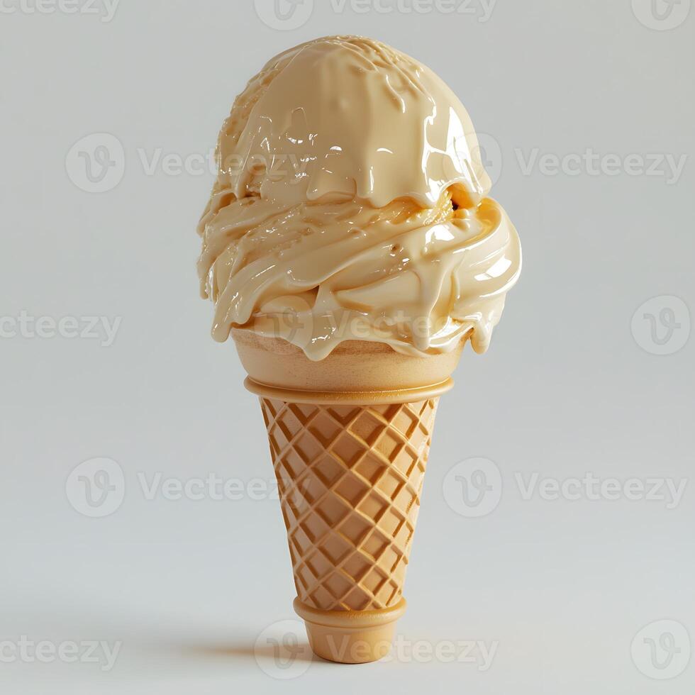 Caramel Swirl, A Delicious Ice Cream Cone Delight on a Light Background photo