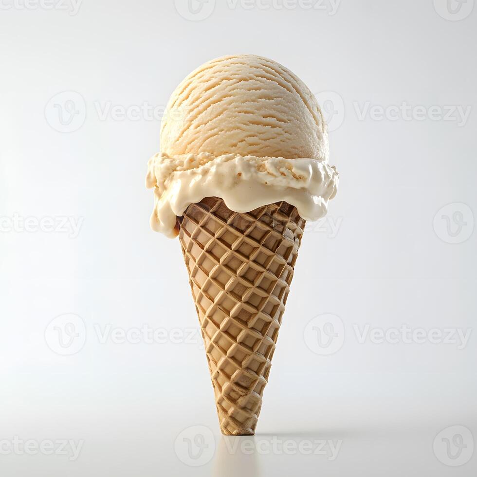 Creamy vanilla ice cream cone isolated on a white background delight photo