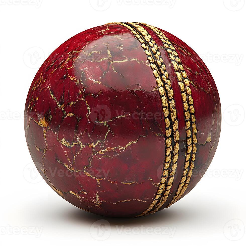 Worn cricket ball with visible stitching and marbled surface detail photo