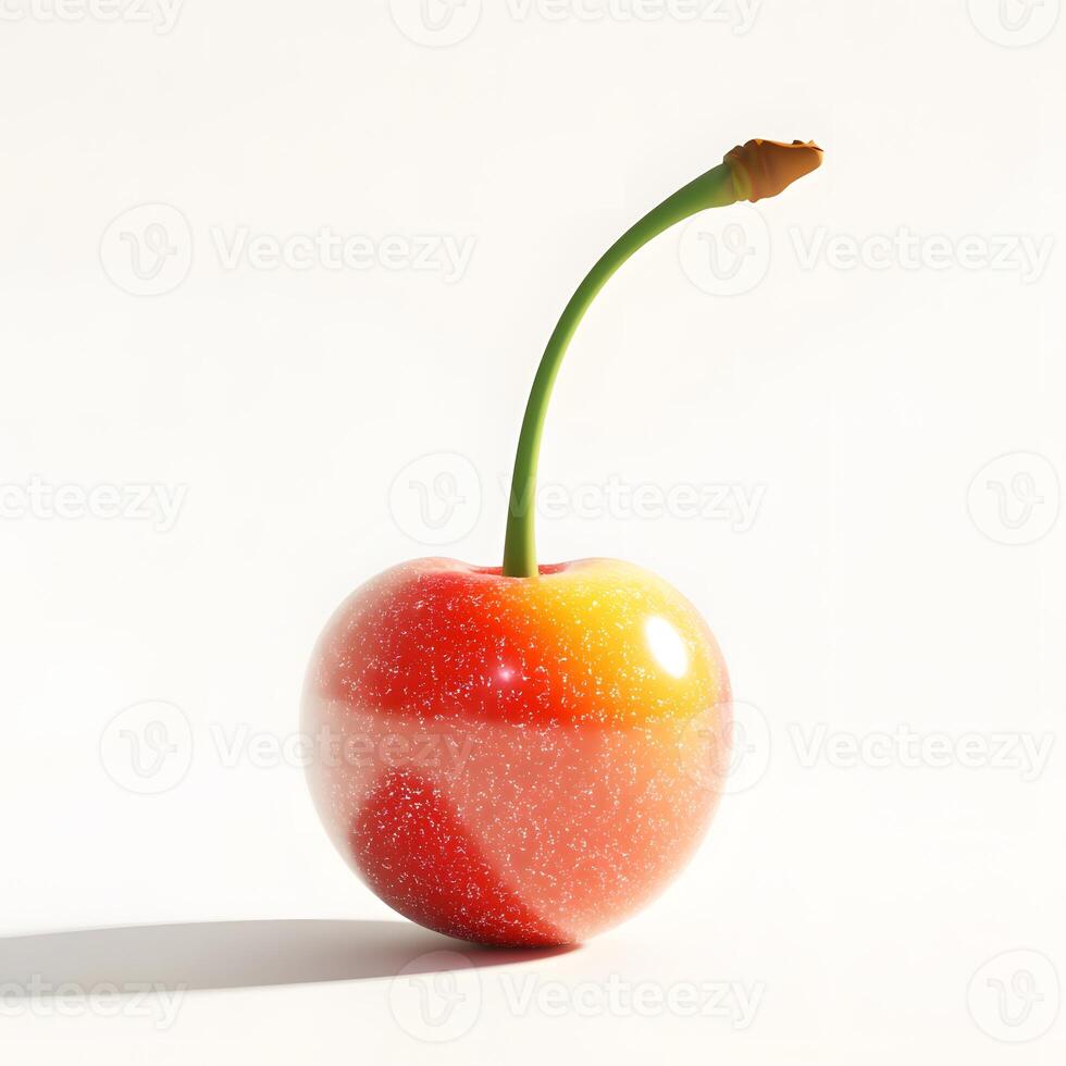 A single, glossy cherry with a vibrant gradient on a stark white background photo
