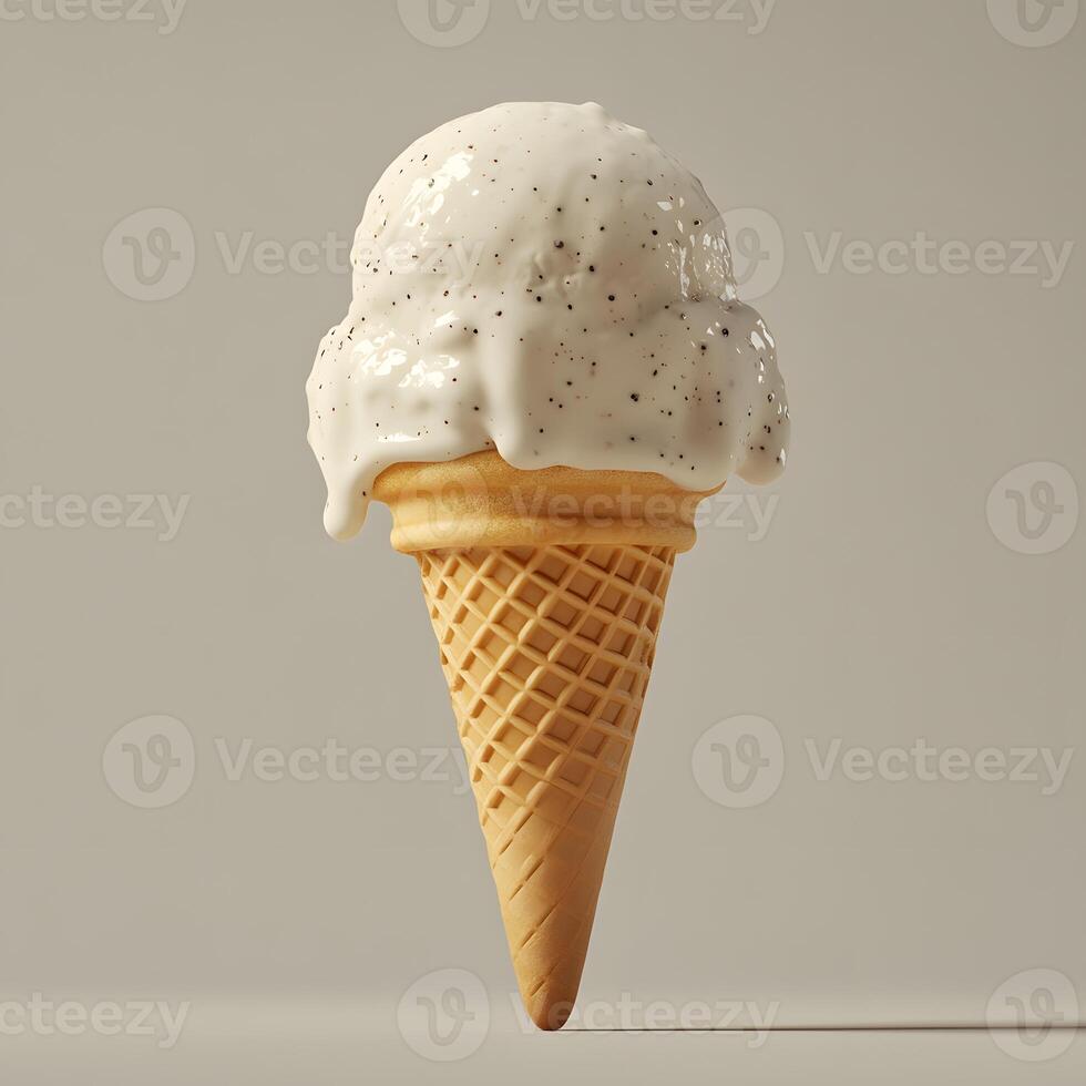 Delicious scoop of vanilla bean ice cream melting on a waffle cone photo