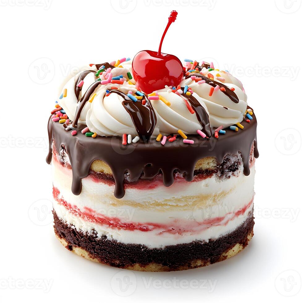 Delectable layered cake with chocolate ganache, whipped cream, and cherry photo