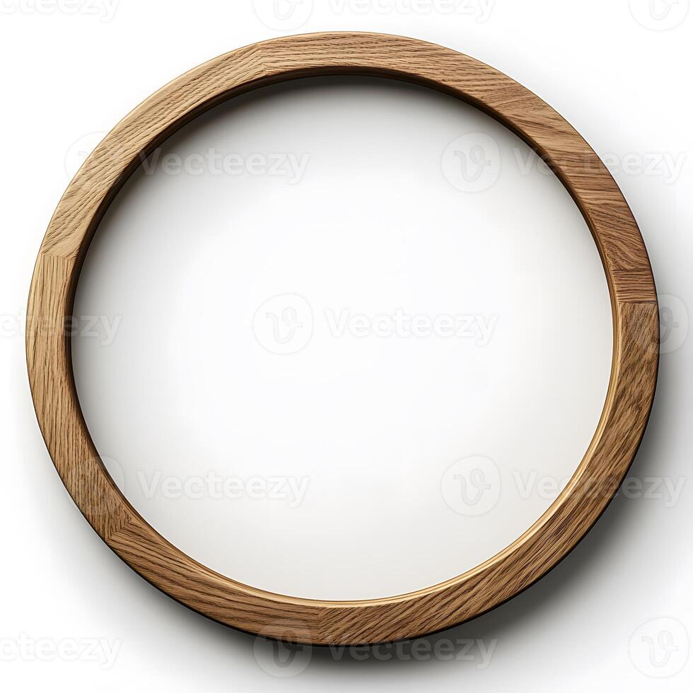 Wooden minimalist circular frame, isolated against a bright white background photo