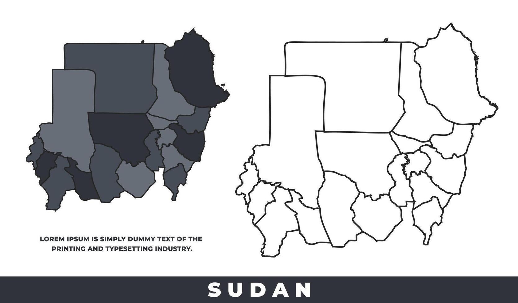 Sudan political regions black color outline map set vector