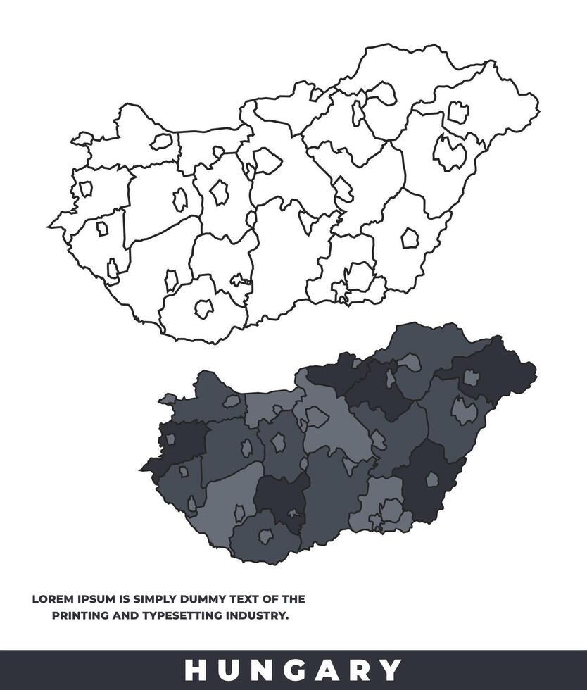 Hungary political regions black color outline map set vector