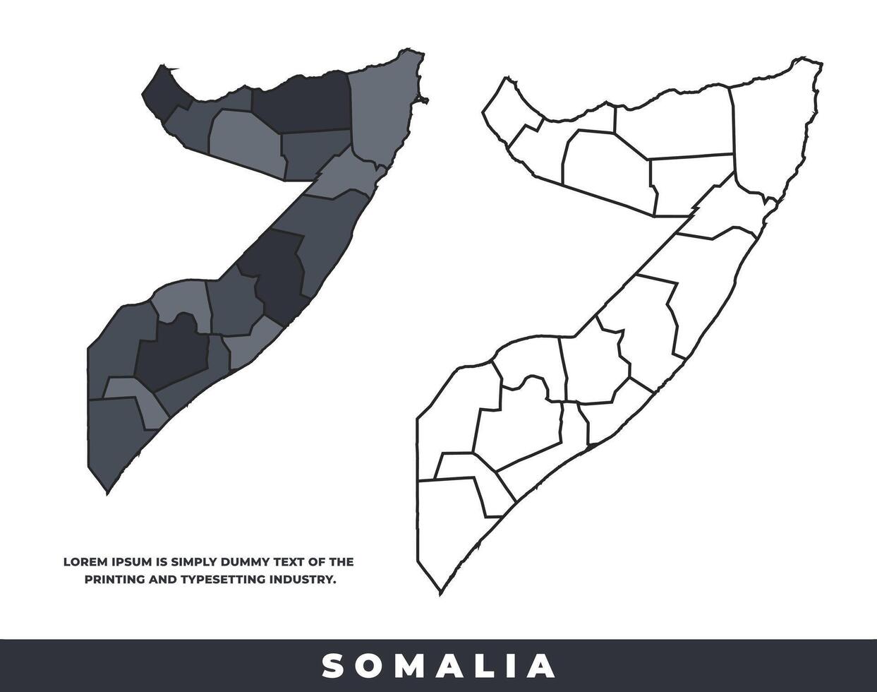 Somalia political regions black color outline map set vector
