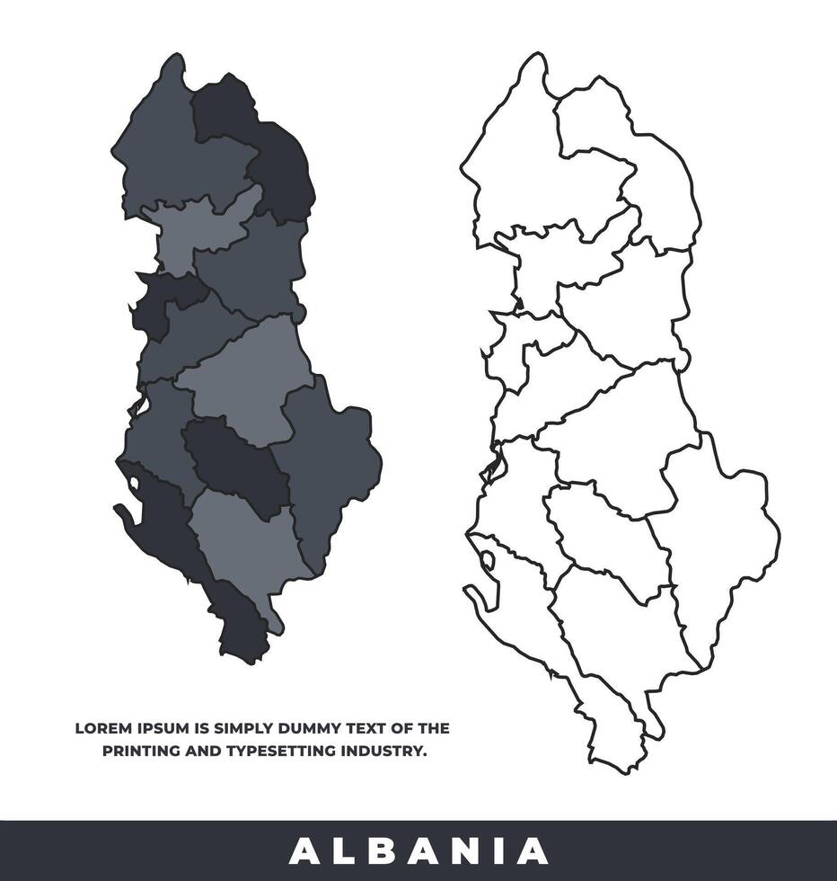Albania political regions black color outline map set vector