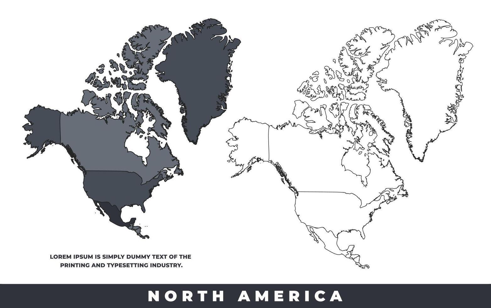 North America political regions black color outline map set vector