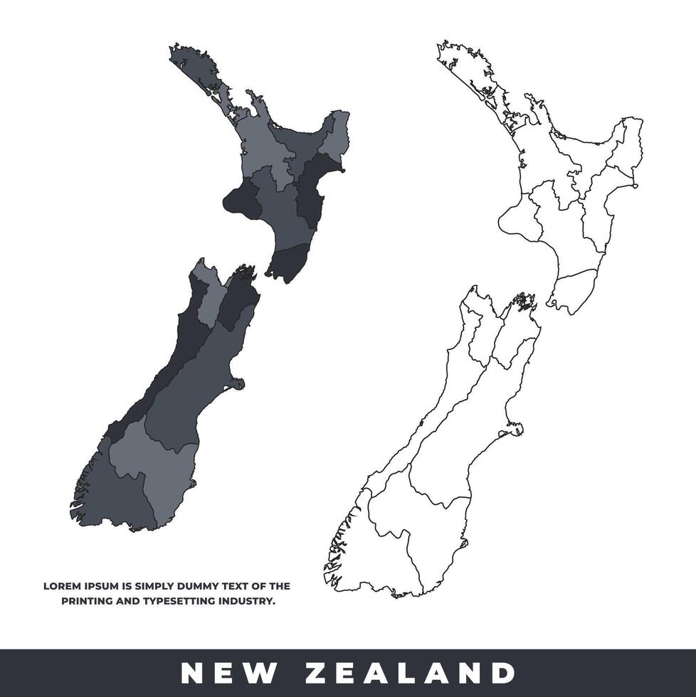 New Zealand political regions black color outline map set vector