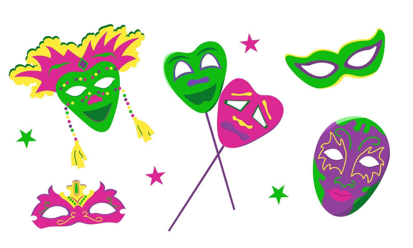 set with elements for Mardi Gras carnival. Bright Images of different masks for design and logos. vector