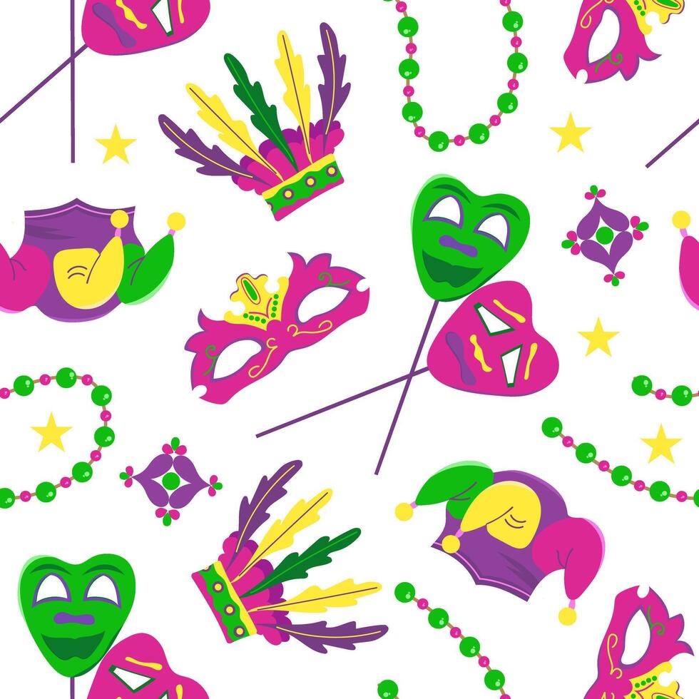 seamless pattern with elements for Mardi Gras carnival. Bright Image of mosses, hats with feathers and beads. vector