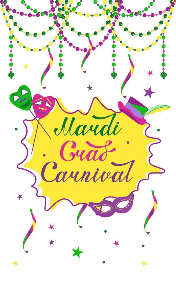 poster for Mardi Gras carnival with text in vertical view. Party invitation with beads, masks and confetti. vector