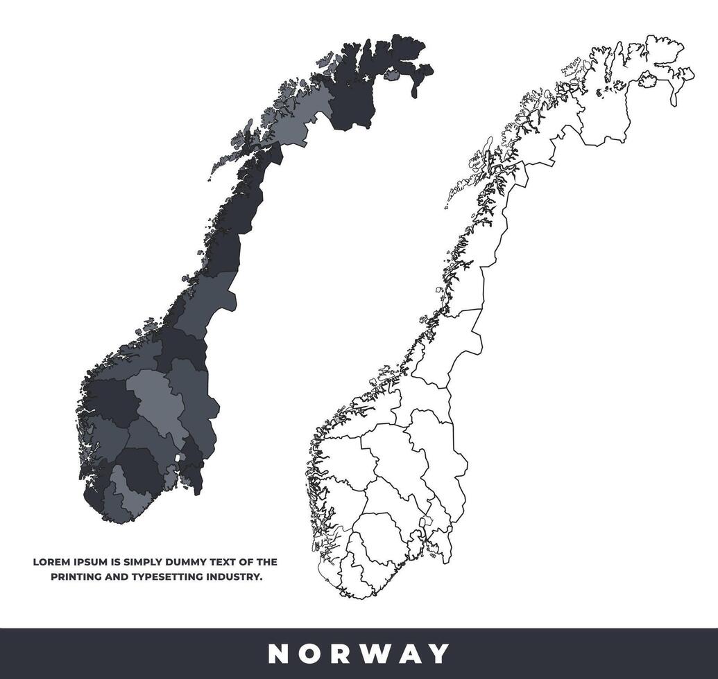 Norway political regions black color outline map set vector