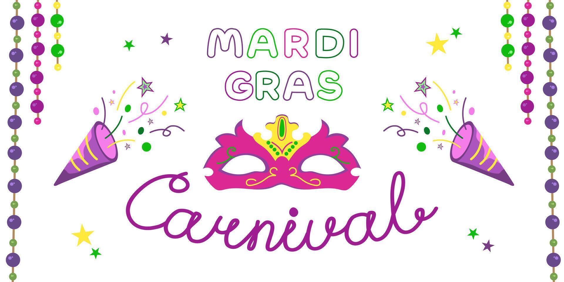 poster for Mardi Gras carnival with text. Party invitation with beads and mask. vector